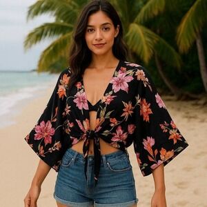 Beachwear Bohemian Boho Floral Tropical Black Short Kimono Top XL Tie Front